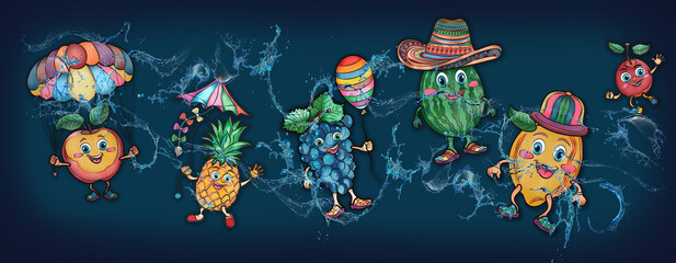 Cartoon cute fruits in water, banner, poster lemon, cherry, grapes, watermelon, pineapple