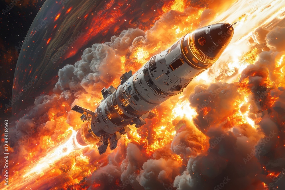 Poster an advanced rocket hurtles from a fiery planet, blasting through an explosive atmosphere, embarking 