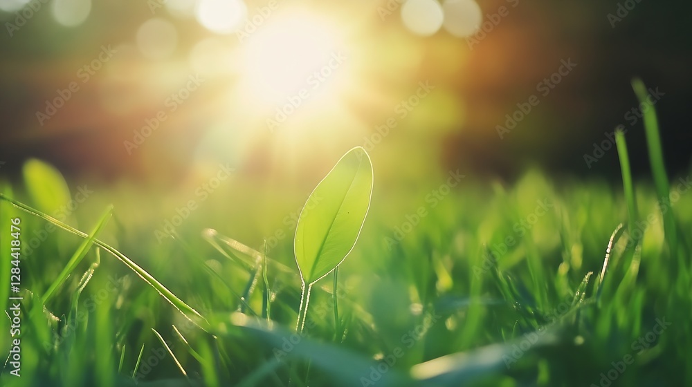 Aufkleber closeup of a single green leaf illuminated by warm sunlight on grassy ground symbolizing growth : ge
