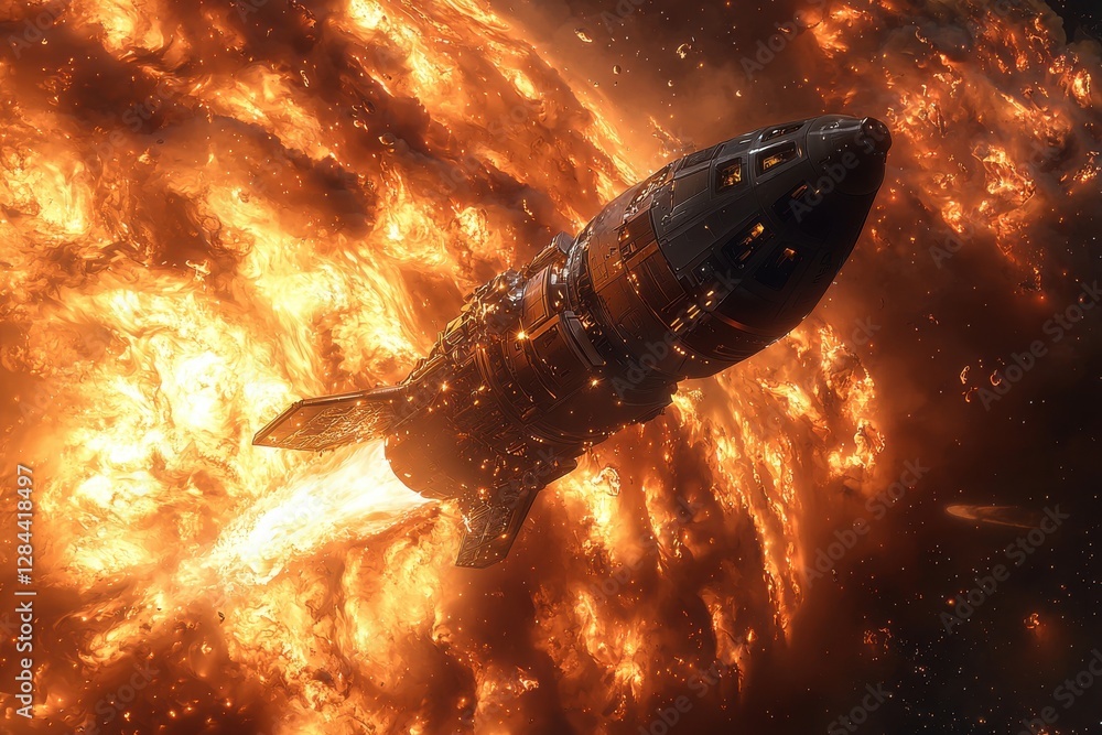 Poster a futuristic spacecraft hurtles through a fiery nebula, symbolizing space exploration and advanced t