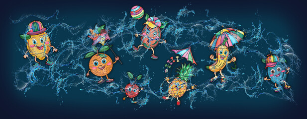 Cartoon cute fruits in water, banner, poster lemon, grape, orange, watermelon, cherry