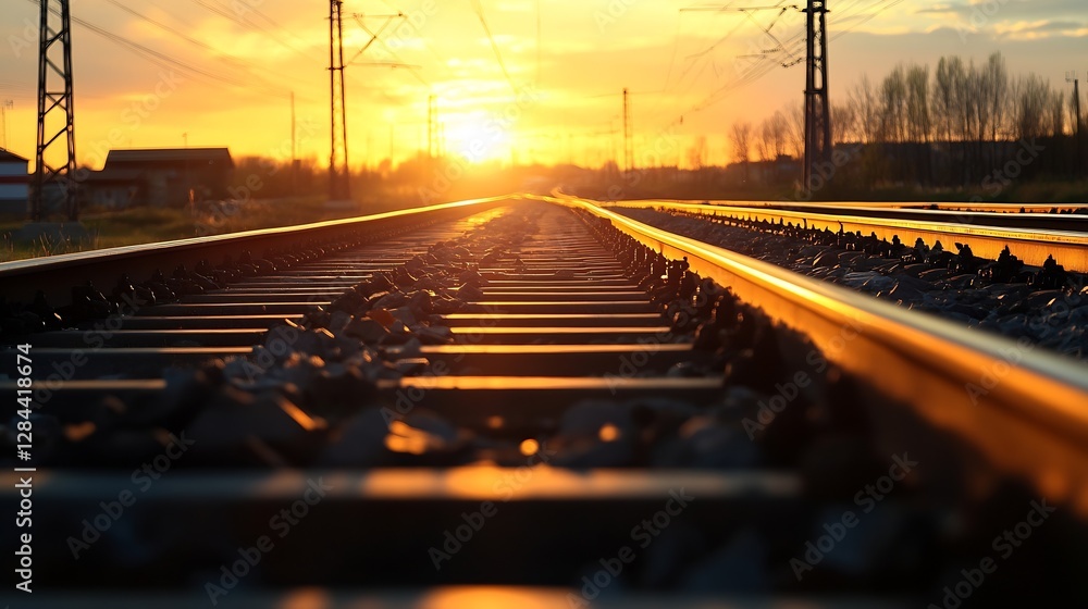 Poster golden sunset illuminating railway tracks with an inviting perspective leading toward the horizon : 
