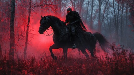 Dark knight on horseback in enchanted forest with red mist and glowing eyes