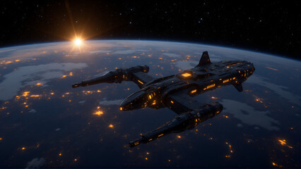 Dark Spacecraft with Orange Illumination Against Planetary Sunrise