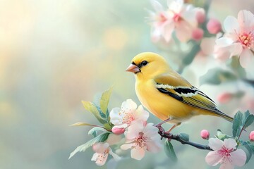 Obraz premium Yellow bird perched on blossoming spring tree branch