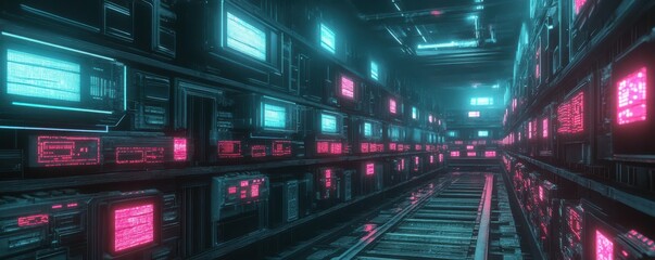 Fototapeta premium Futuristic neon data center corridor with blue and pink glowing computer screens