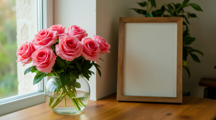 Obraz premium A vase of pink roses sits on a wooden table next to a white frame