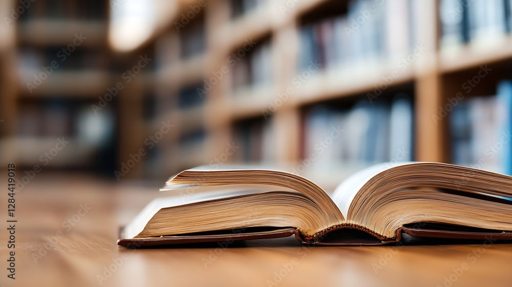 Poster Open book resting on library floor with shelves filled with books in the background creating a warm learning atmosphere : Generative AI
