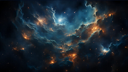 Fototapeta premium Dark Blue and Orange Nebula with Dramatic Light Effects