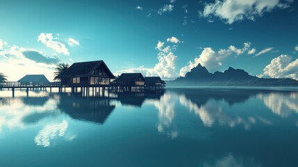 Fototapeta premium Serene overwater bungalows reflecting in a calm tropical lagoon with crystal-clear waters and blue skies