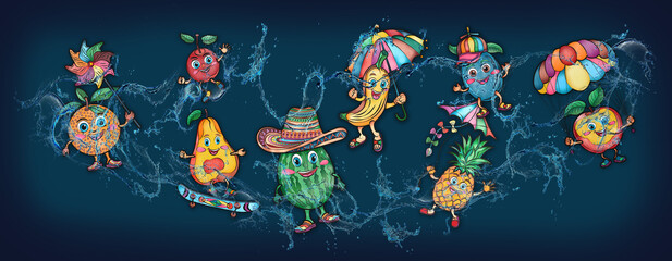 Cartoon cute fruits in water, banner, poster lemon, pineapple, orange, watermelon, apple