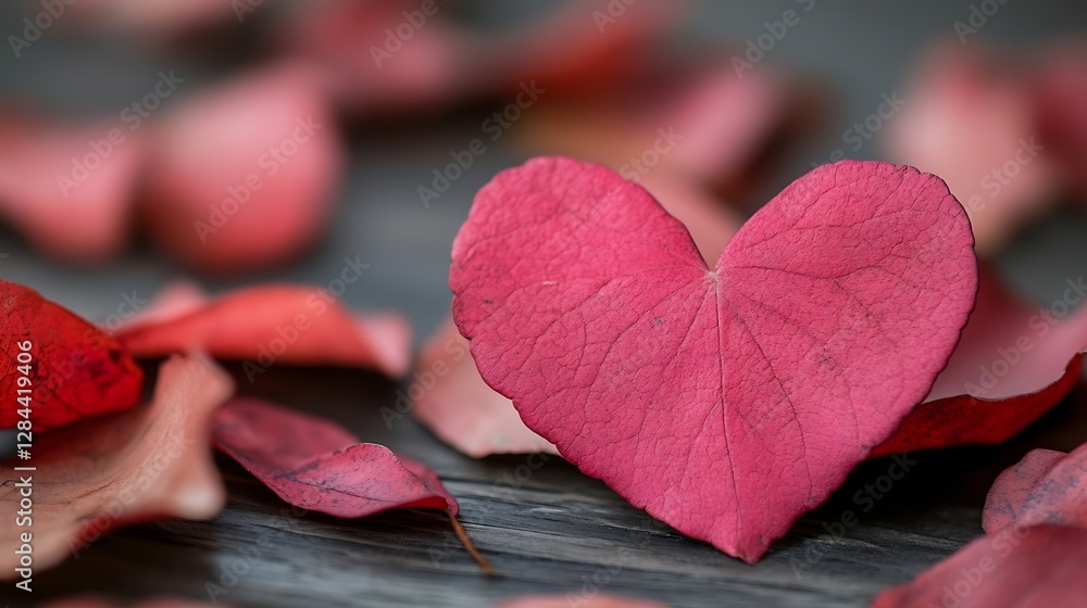 Poster close up view of a beautiful heart shaped leaf on a wooden surface surrounded by scattered leaves : 