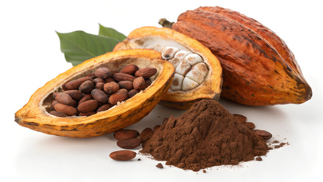 Cocoa fruit with cocoa bean and cacao powder isolated on a transparent background