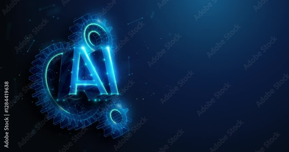 Poster low poly ai over spinning gears animation. artificial intelligence technology online service setup, 