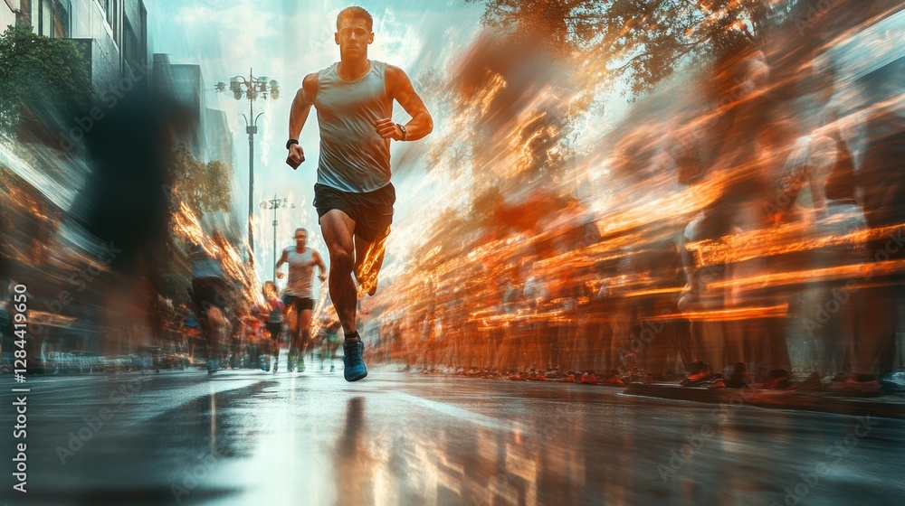 Aufkleber Tired runner at start line transforms into strong victor, showcasing resilience and energy after completing a race. Generative AI
