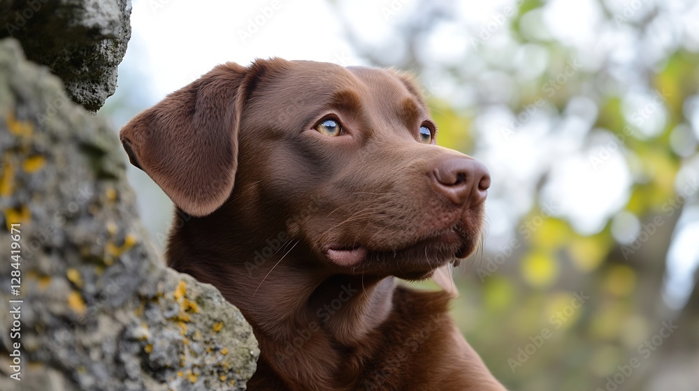 Poster charming brown labrador retriever gazing thoughtfully in a serene natural setting surrounded by vibr