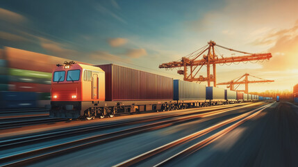 Fototapeta premium Global business of Container Cargo freight train for Business logistics concept, Air cargo trucking, Rail transportation and maritime shipping, Online goods orders worldwide. Container truck in ship