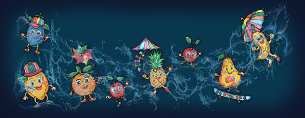 Cartoon cute fruits in water, banner, poster lemon, watermelon, grapes, orange, cherry