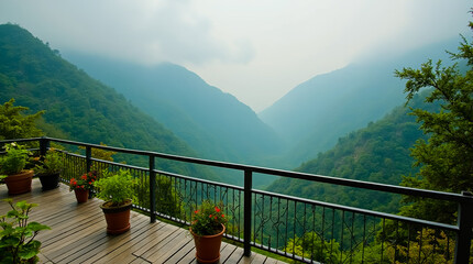 Obraz premium A wooden deck overlooking a mountain range with a view of a valley