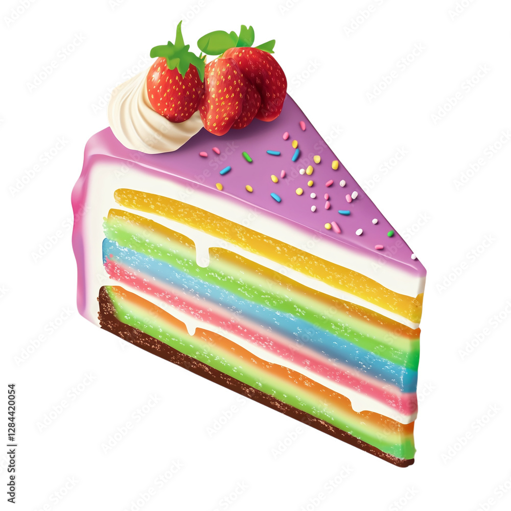 Poster rainbow layered cake slice isolated on transparent background