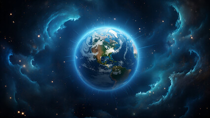 Detailed Earth View with Mysterious Deep Blue Nebula Background