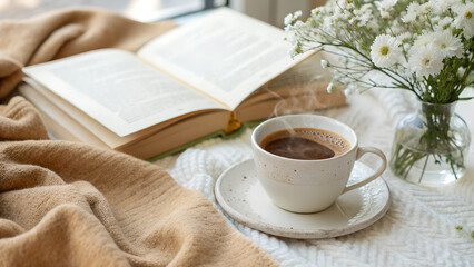 Closeup of a cup of coffee. a book. and a vase of white flowers on a soft blanket.