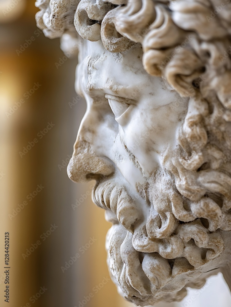 Poster close up of an ancient marble sculpture depicting a wise man's face with intricate details showcasin