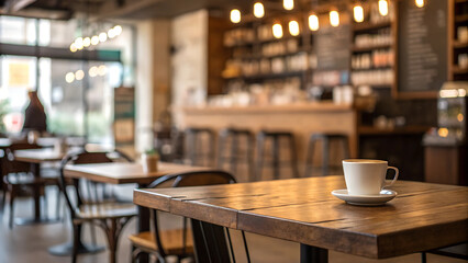 Selected focus empty brown wooden table and Coffee shop blur background with bokeh