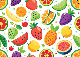 Colorful Summer Seamless Pattern Vector – Juicy Fruits, Tropical Vibes & Repeating Design on White Background, Fruity Summer Seamless Vector  