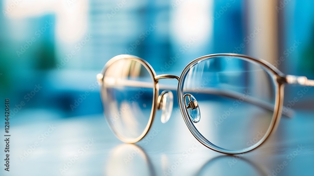 Poster close up view of stylish round eyeglasses on a wooden table with blurred background : generative ai