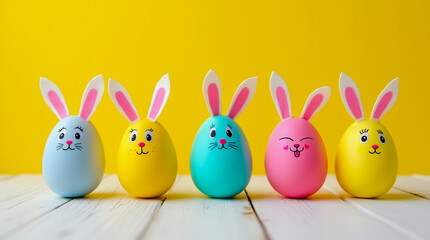 Four painted Easter bunnies with smiling faces are sitting on a wooden table