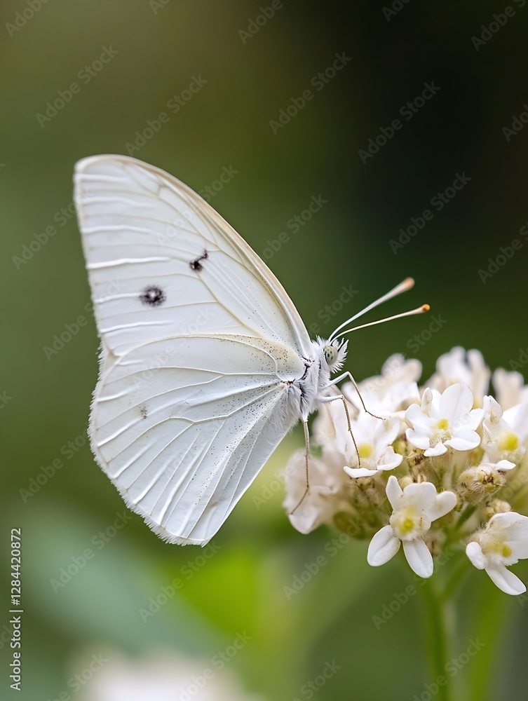 Poster delicate white butterfly resting on small white flowers with a soft focused garden background reflec