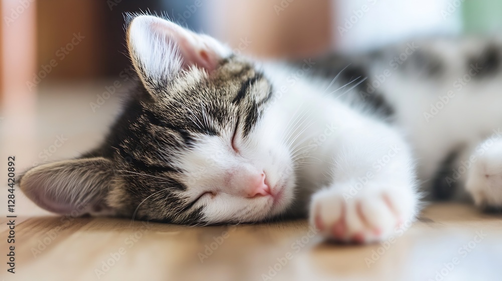 Poster Adorable sleeping kitten relaxed and cozy on a wooden floor with soft lighting creating a warm and inviting ambiance : Generative AI