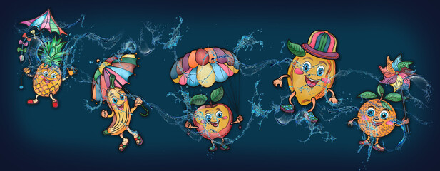Cartoon cute fruits in water, banner, poster lemon, watermelon, pineapple, orange, apple