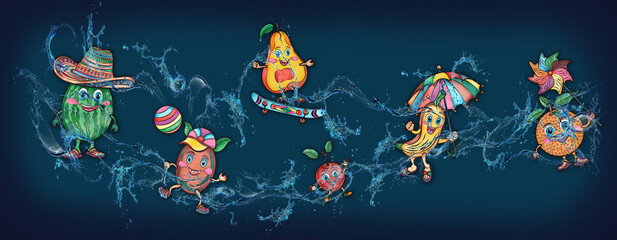 Cartoon cute fruits in water, banner, poster orange, apple, lemon, watermelon, pineapple