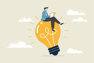 Entrepreneur solution, creative idea to solve work problem, success discover new innovation concept, smart businessman working with computer laptop on bright light bulb