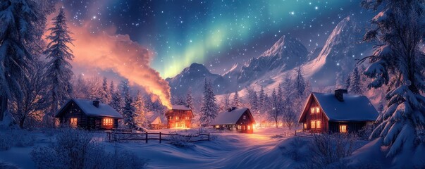Fototapeta premium Snowy mountain village at night with aurora borealis and cozy cabins