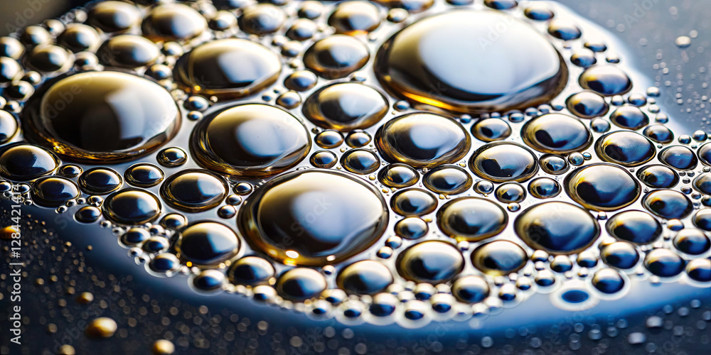 Poster shimmering oil droplets gather on a dark surface, reflecting light in a captivating manner. the arra