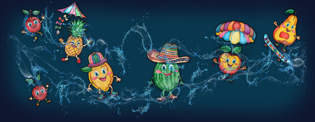 Cartoon cute fruits in water, banner, poster pineapple, watermelon, cherry, lemon, apple