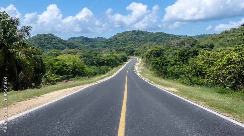 Aufkleber scenic view of a winding road through lush greenery and rolling hills under a bright sky with fluffy