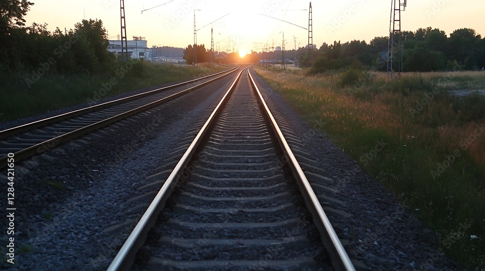 Poster Rails stretching towards the horizon illuminated by a golden sunset creating a serene transportation scene : Generative AI