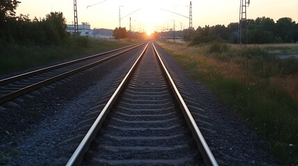 Obraz premium Rails stretching towards the horizon illuminated by a golden sunset creating a serene transportation scene : Generative AI