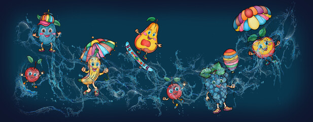 Cartoon cute fruits in water, banner, poster watermelon, grapes, lemon, banana, cherry
