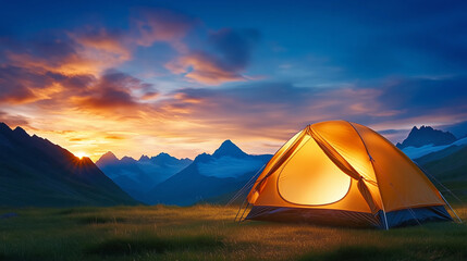 Bright orange tent illuminates tranquil mountain landscape at sunset near the valley