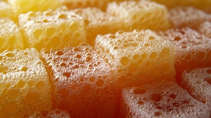 Close-up of bubbly, orange ice cubes in a cooler