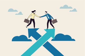 Cooperation partnership, work together for success, team collaboration, agreement or negotiation, collaborate concept, businessmen handshake on growth arrow joining connection agree to work