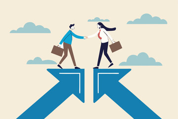 Obraz premium Cooperation partnership, work together for success, team collaboration, agreement or negotiation, collaborate concept, businessmen handshake on growth arrow joining connection agree to work