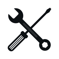 Crossed screwdriver and wrench tool icons in black and white, symbolizing mechanical repair, maintenance, and fixing