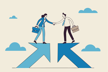 Cooperation partnership, work together for success, team collaboration, agreement or negotiation, collaborate concept, businessmen handshake on growth arrow joining connection agree to work