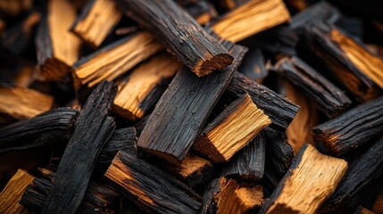 Close-up of charred wood pieces, stacked, outdoor